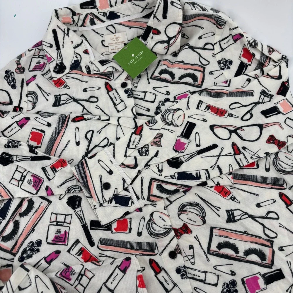 Kate Spade Pajama Set Women S White Makeup Print Long Sleeve Pants NWT Glamcore